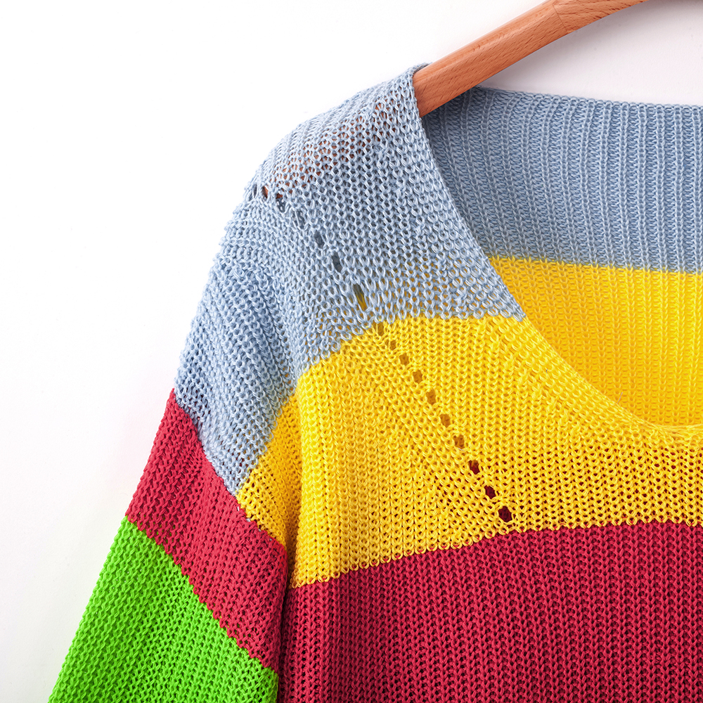 SZ60238-2 Blue Color Block Knit One Shoulder Casual Sweater